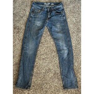 Wrangler Retro Slim Straight Jeans Blue Whiskers Cowboy Rodeo 31x34 Distressed